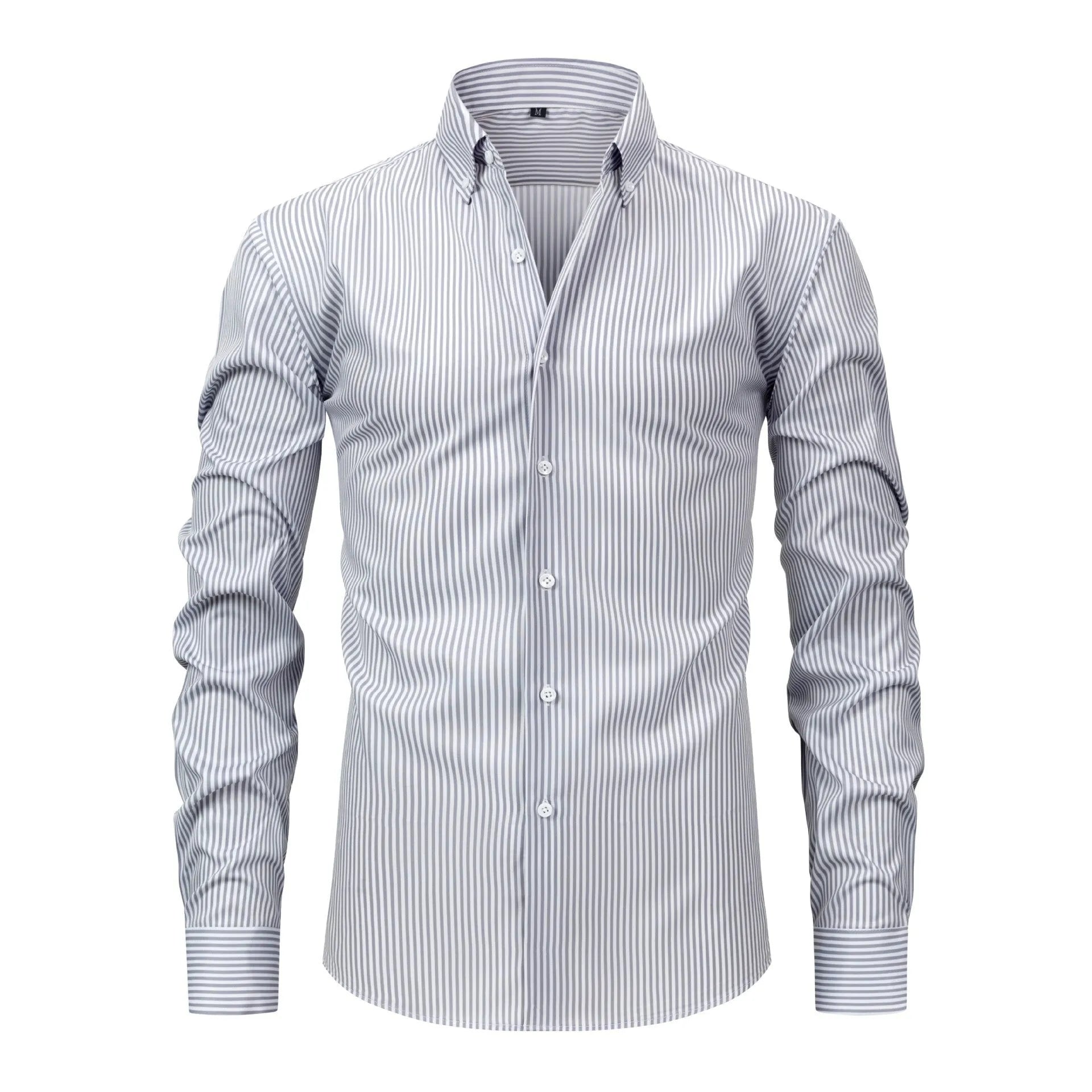A striped men's long-sleeved dress shirt with a lapel collar, shown in one of six available colour variants.