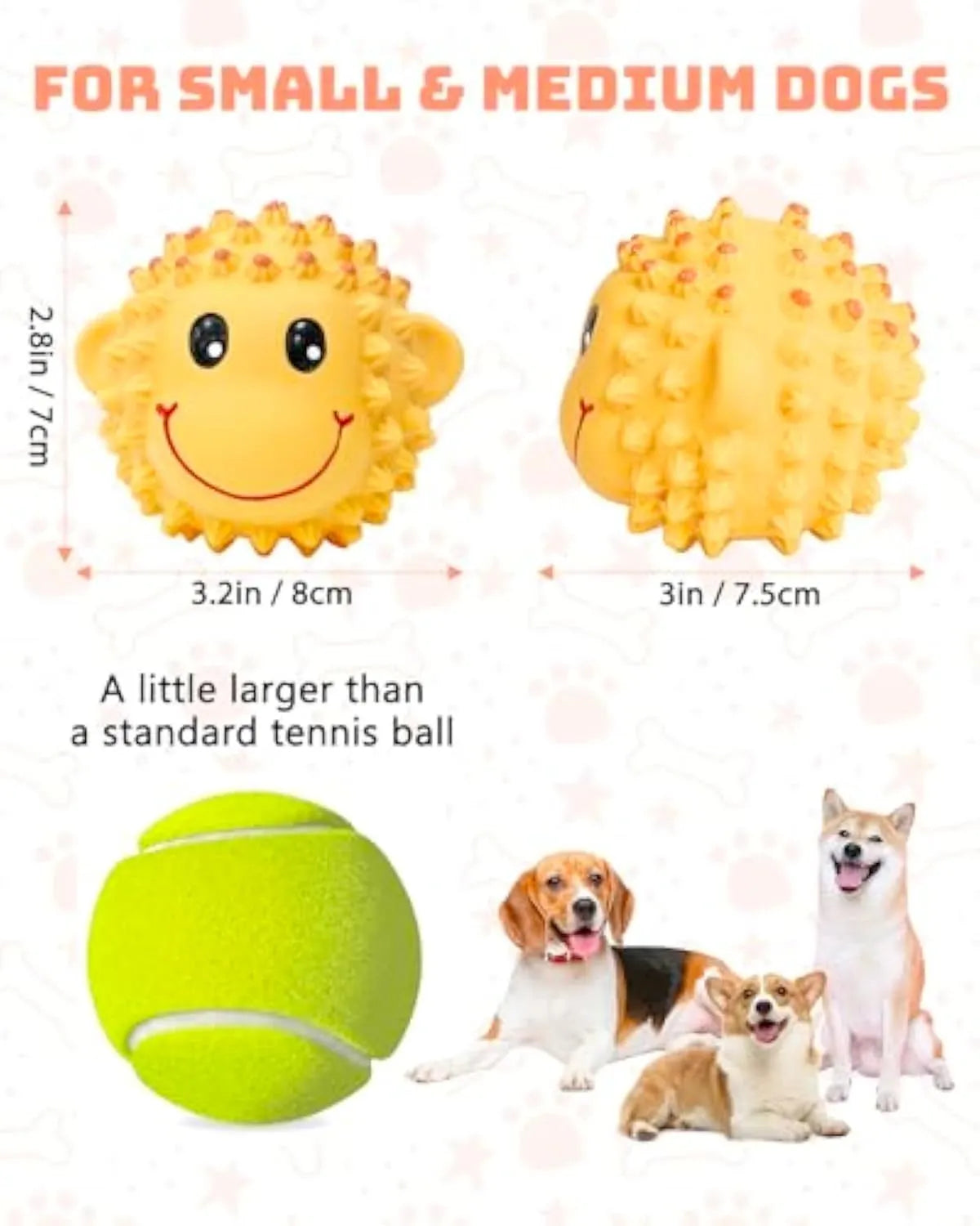 Orange and yellow latex squeaky dog toy with spiky texture for teeth cleaning
