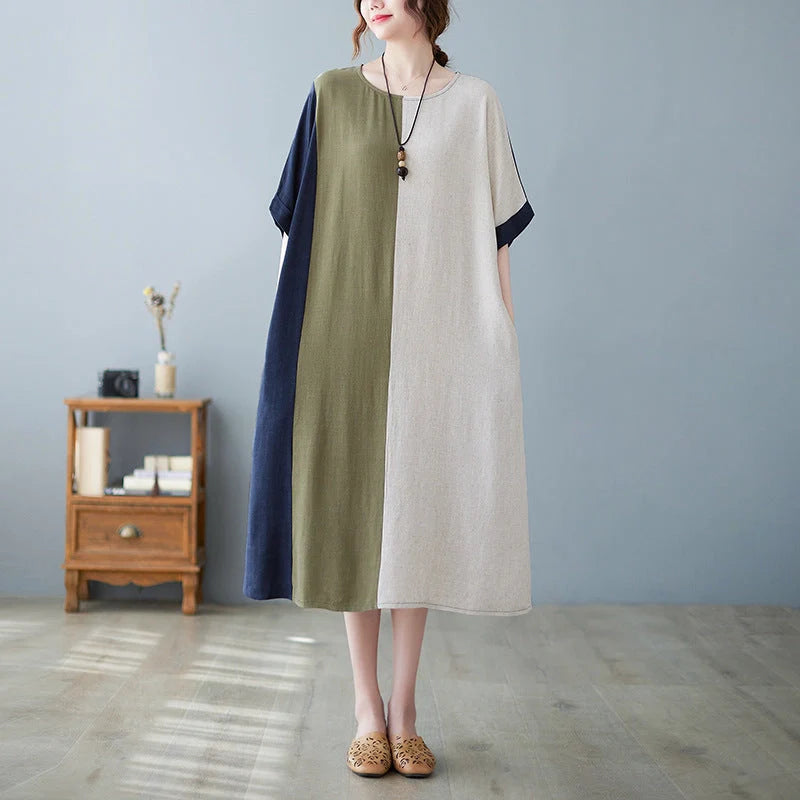 Cotton and linen loose half sleeve contrast paneled dress in original hemp colour