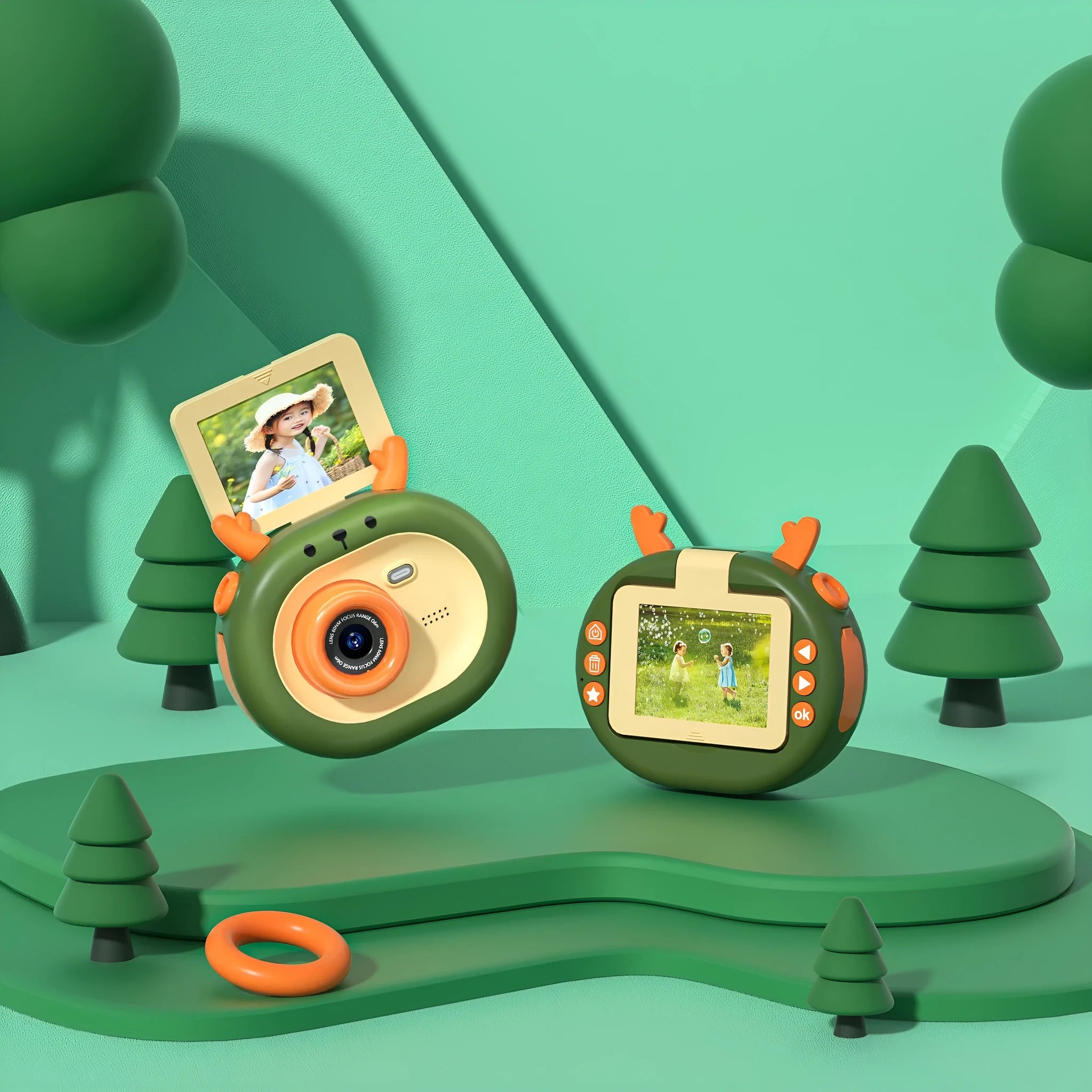 Purple children's digital camera with flip screen, silicone lanyard, and USB cable on a cartoon map.