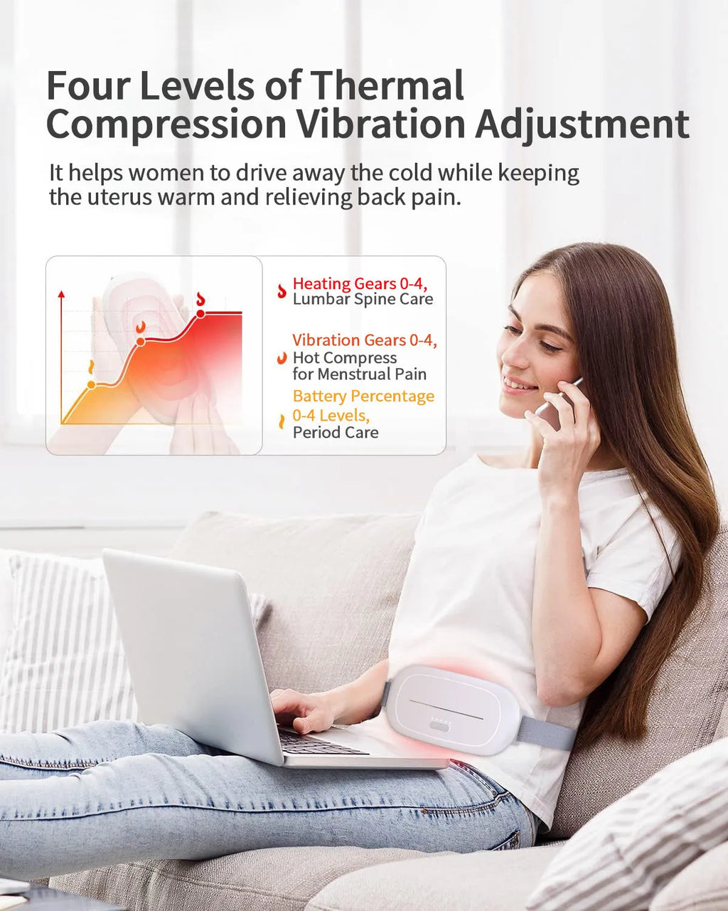 White flexible silicone postpartum abdominal warming device with an adjustable belt.