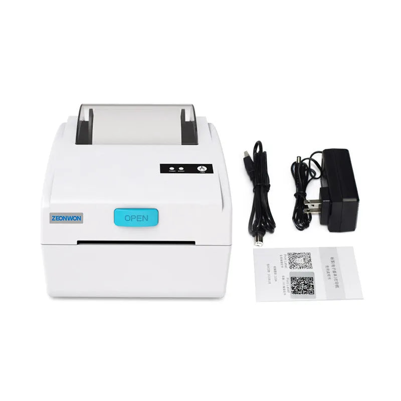 White Bluetooth thermal label printer with USB port on compact desktop stand
