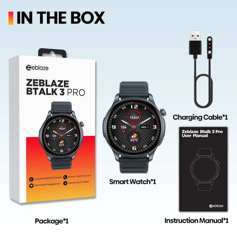 Btalk 3 Pro smart watch in blue on wrist showing AMOLED display with health stats