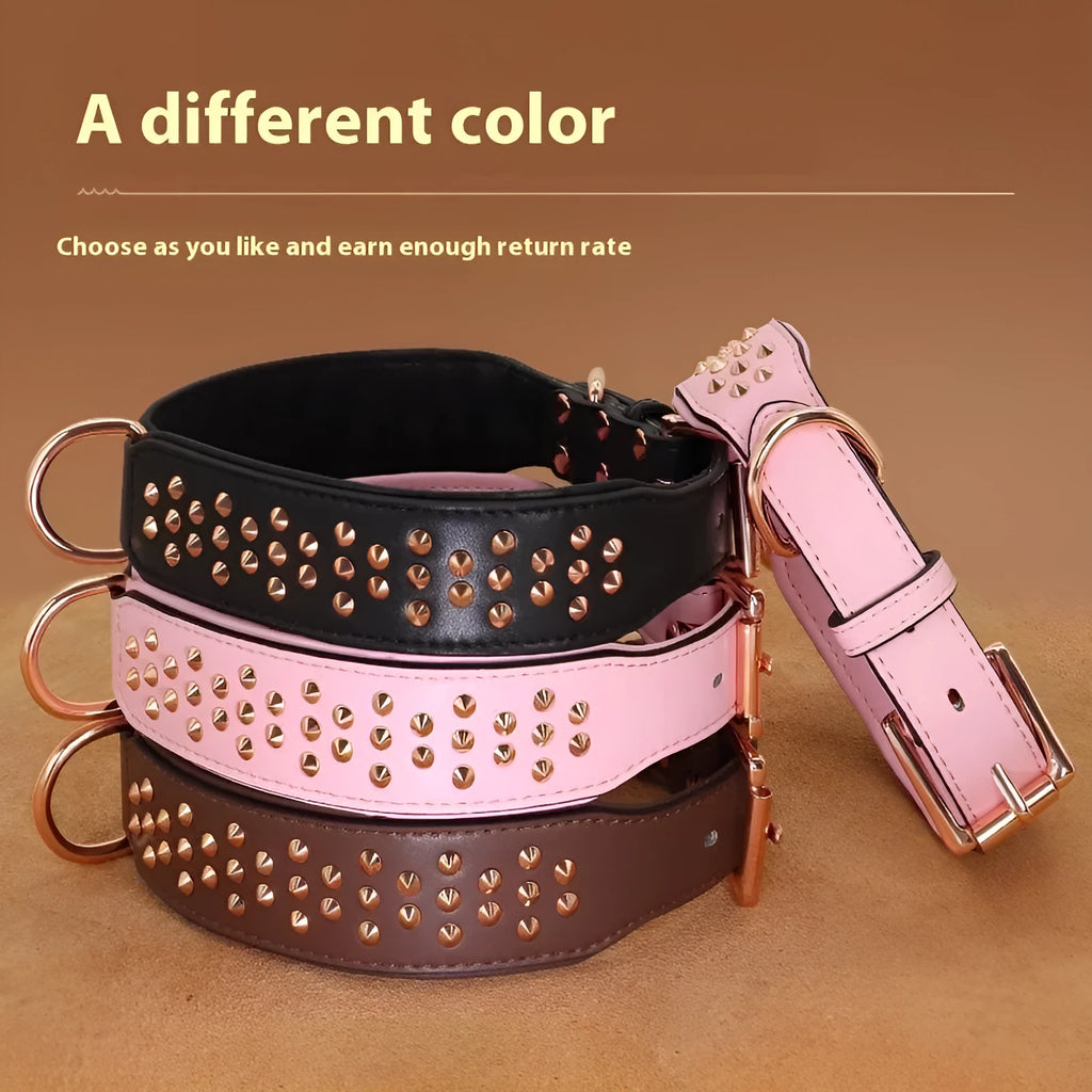 Leather dog collar with metal rivets in black, chocolate, or pink.