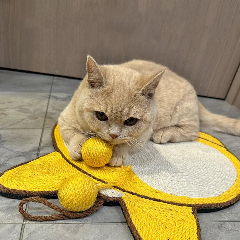 Yellow sisal cat scratching board with corgi design and anti-slip base measuring 37x40cm