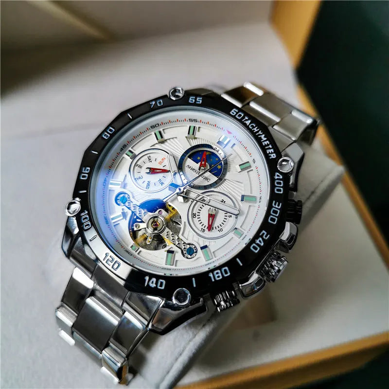 Men's automatic mechanical watch with stainless steel case and choice of black or white dial.