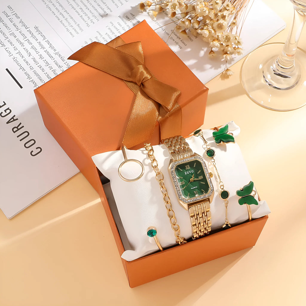 Gold green women's square watch with four matching bracelets showing 25mm dial and jewellery buckle