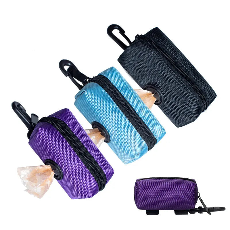 Compact polyester pet poop bag carrier with zipper closure and hand strap in forest bag print