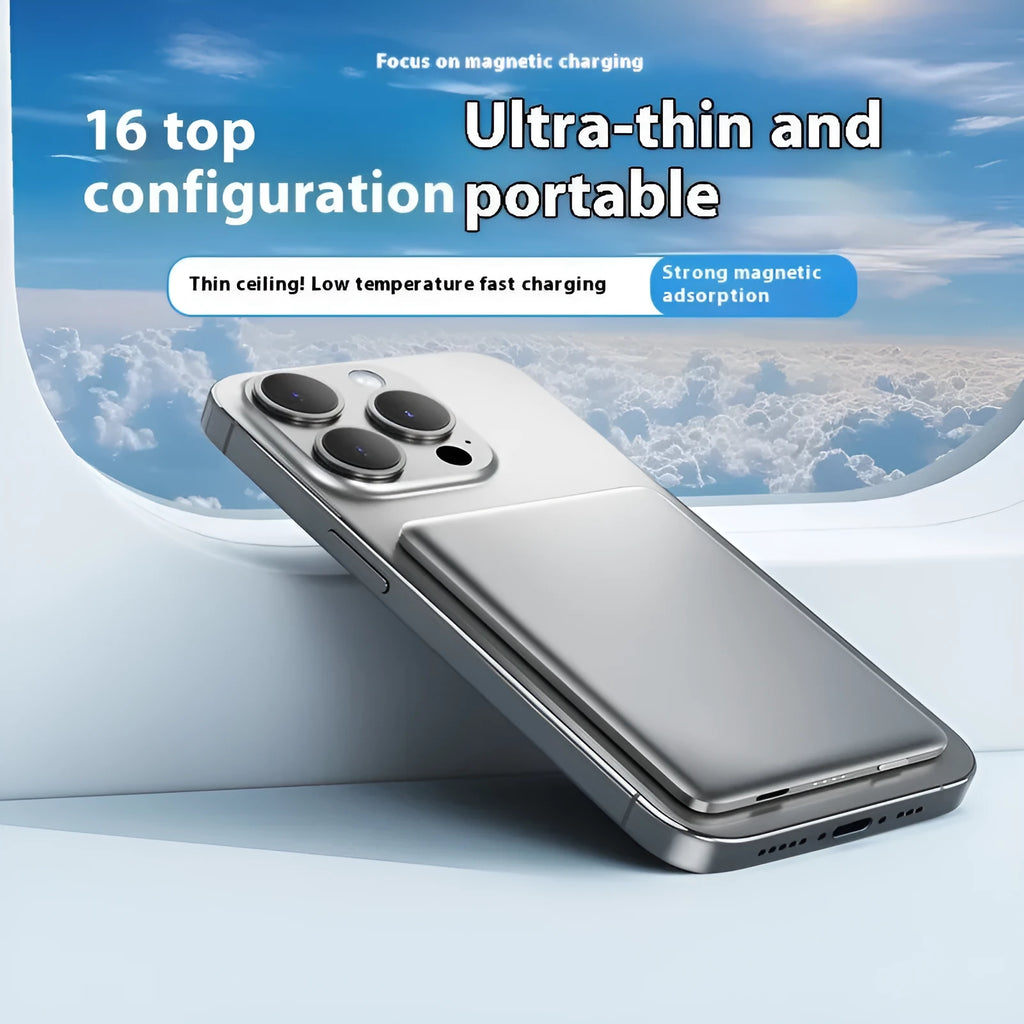 Gun grey magnetic wireless power bank showing ultra-thin 9mm profile with PD20W and wireless charging capabilities