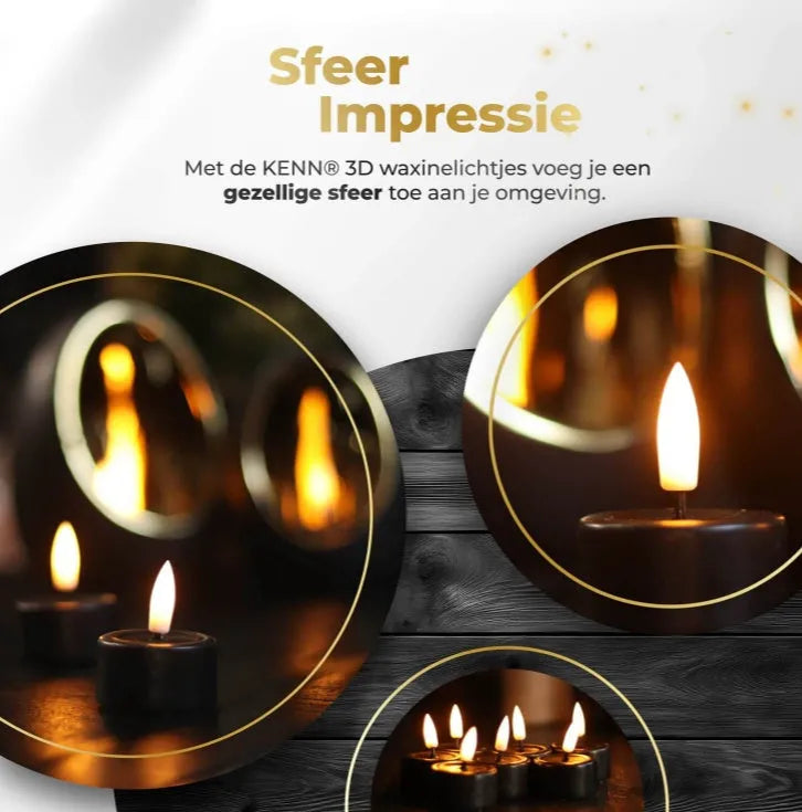 Four black S10 LED flameless tealight candles showing warm white glow.