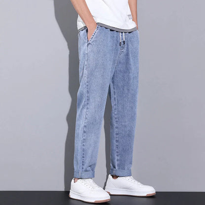 Men's summer loose wide leg jeans in light blue, gray, and retro blue