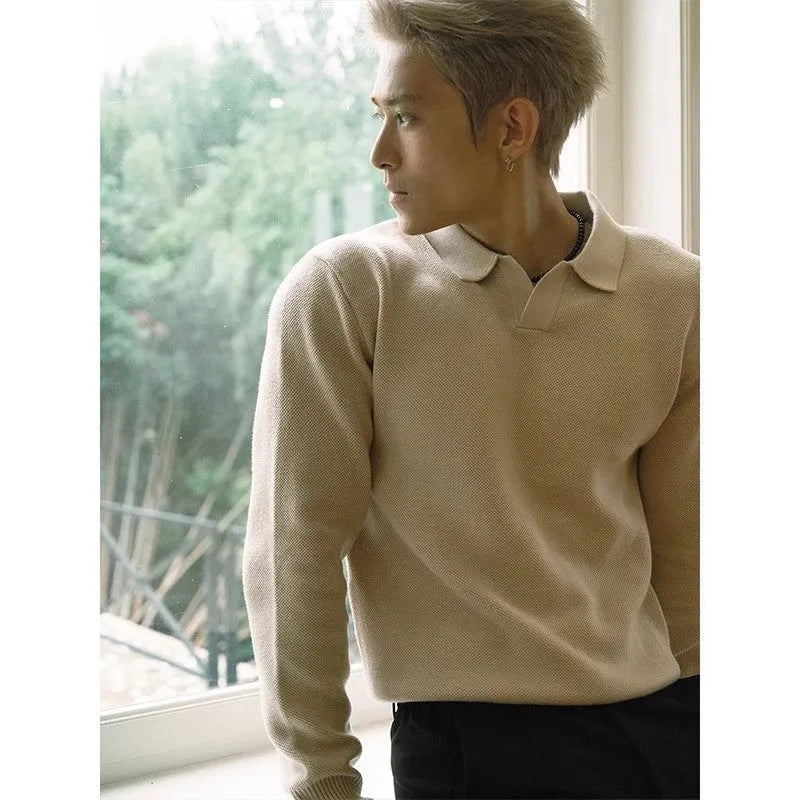 Men's loose knitted pullover in apricot colour, Japanese fresh style, long sleeves, relaxed fit