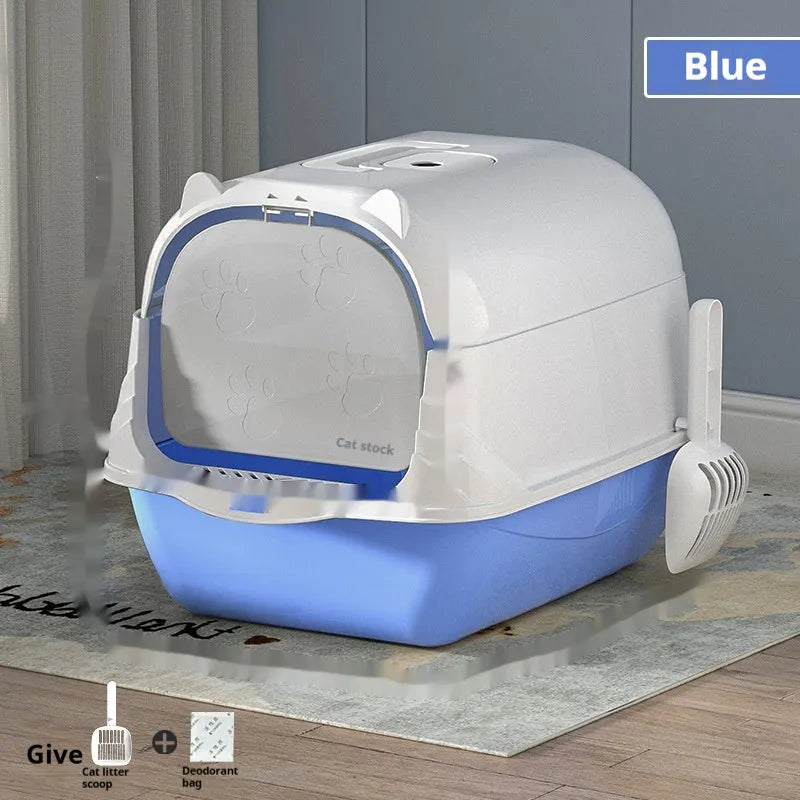 Oversized enclosed PP cat litter box in gray with door, for indoor use