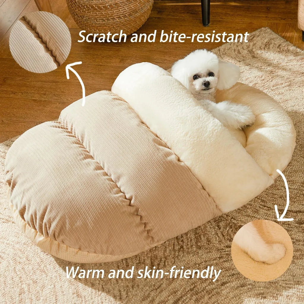 Slipper-shaped pet bed for cats and dogs with corduroy exterior and self-warming material
