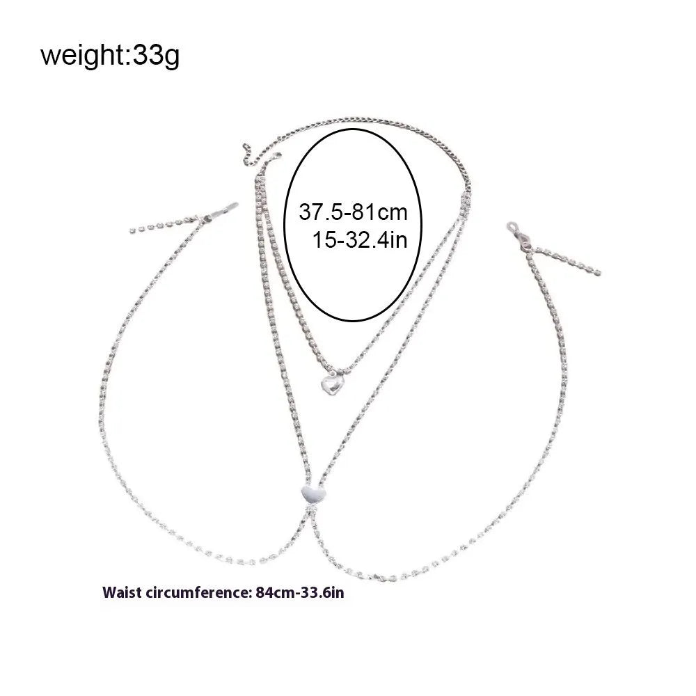 Women's rhinestone heart-shaped body chain jewellery in gold or silver electroplated finish