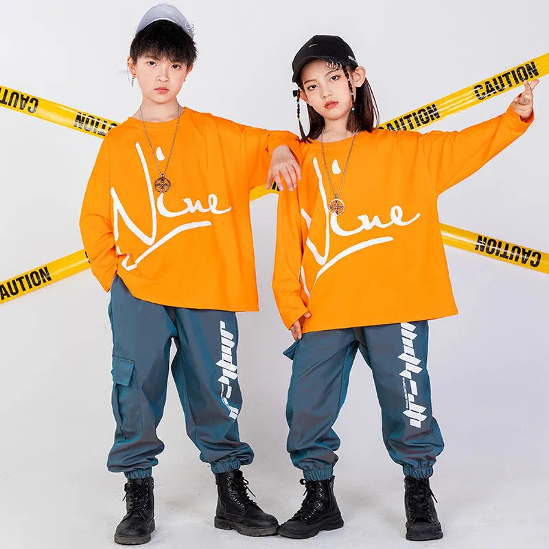 Children loose cotton hip hop performance top and pants set in black and grey blue for dance