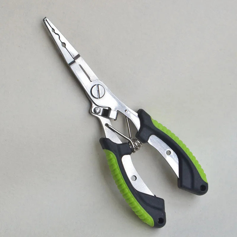 Medium straight mouth multifunctional fishing pliers with hook feature and nylon carrying strap