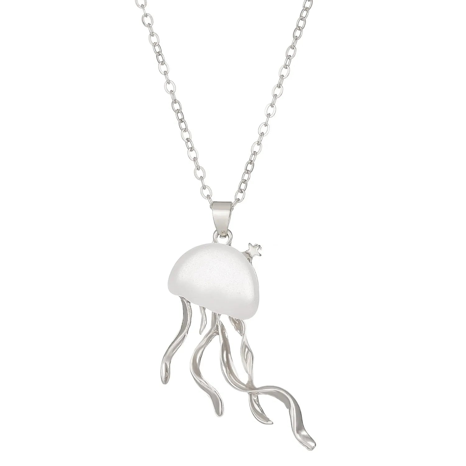 Alloy jellyfish tassel necklace and earring set in electroplated white finish on display