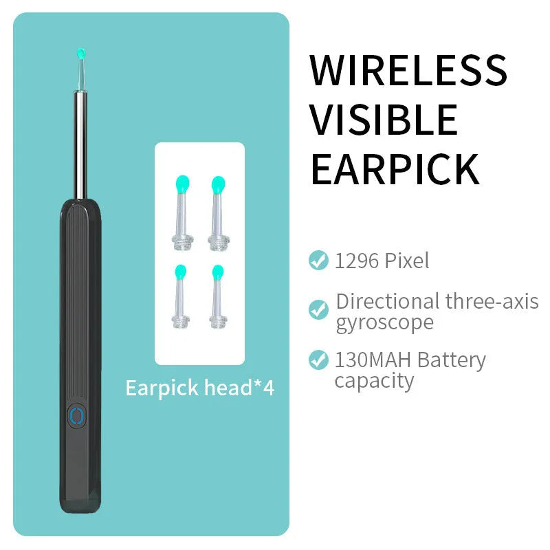 Natfire NE3 wireless otoscope ear cleaner with camera, charging cable, and spoon heads on a white background.