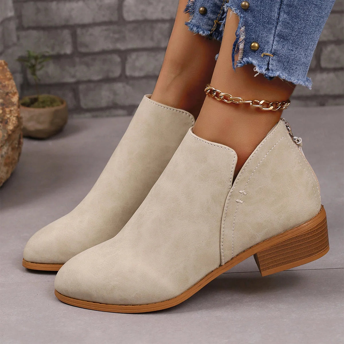 Women's chunky heel ankle boots with V-cut design in khaki, off white, black, and pink