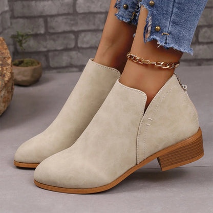 Women's chunky heel ankle boots with V-cut design in khaki, off white, black, and pink