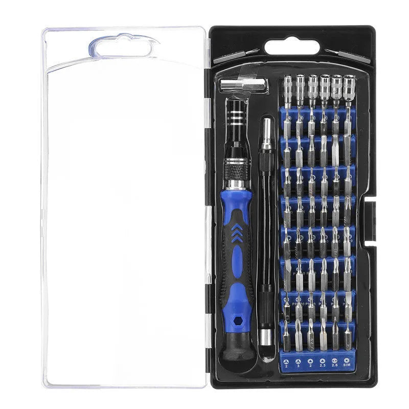 80-in-one multi-function screwdriver set with chrome vanadium steel bits, magnetic handle, and prying tools on a grey background