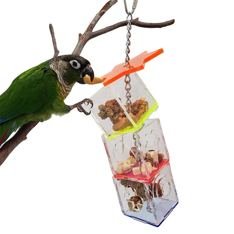 Clear acrylic parrot foraging toy with food container measuring 32cm long