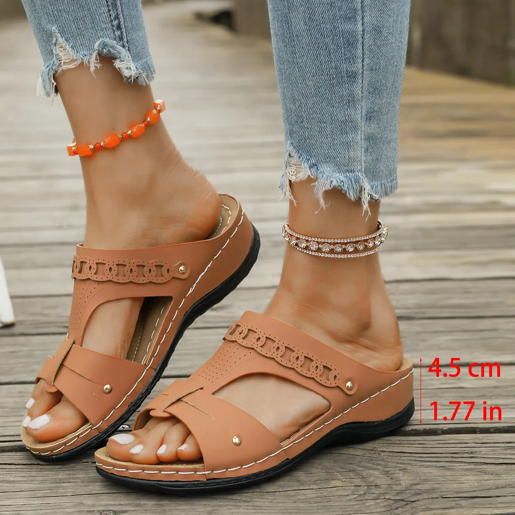 Roman style slope heel slippers with fish mouth toe holder in six colour options