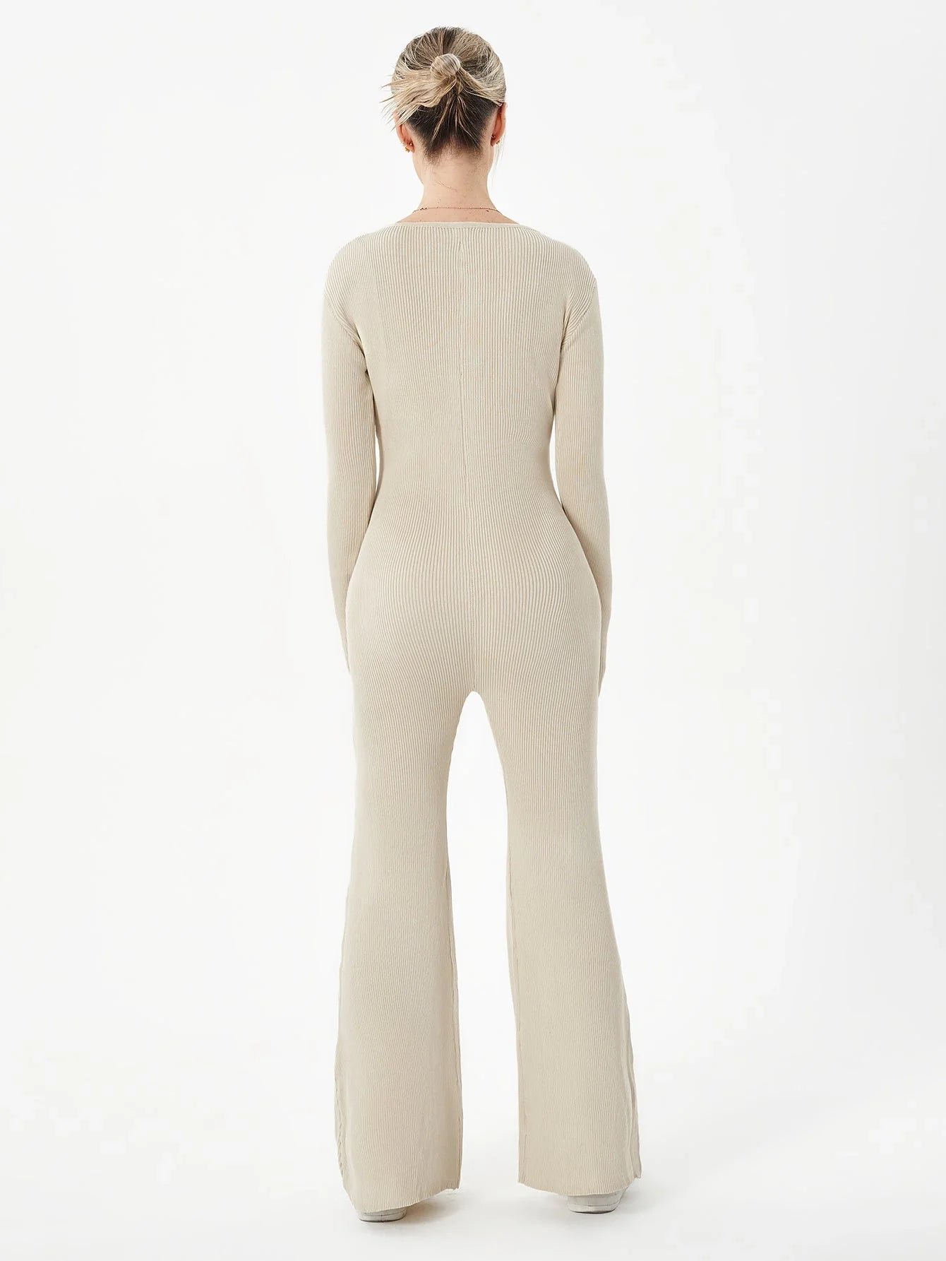 Zippered round neck flared trousers in black, white, khaki, and brown