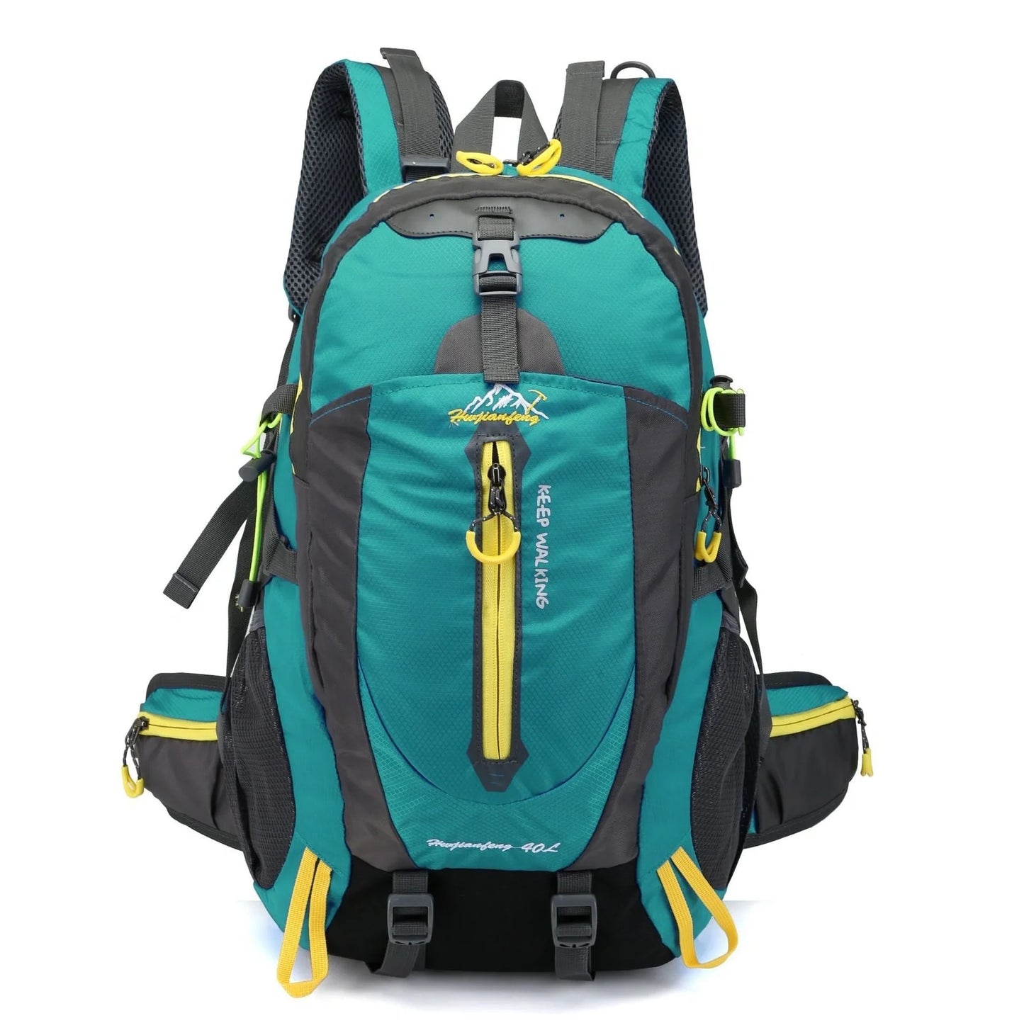 Green 40L hiking backpack with adjustable chest strap and multiple compartments for outdoor sports