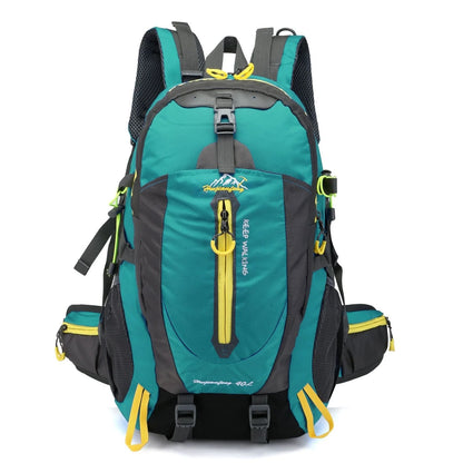 Green 40L hiking backpack with adjustable chest strap and multiple compartments for outdoor sports