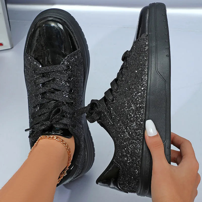 Glitter sequin thick-soled lace-up flats shoes for women in black, blue, pink, rose red, or silver with round toe and low upper