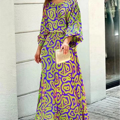 Women's loose printed long sleeve top and high waist long skirt set in various colours