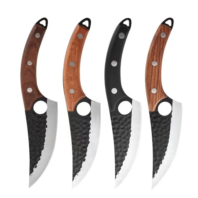 Hand hammered stainless steel boning knife with leather case