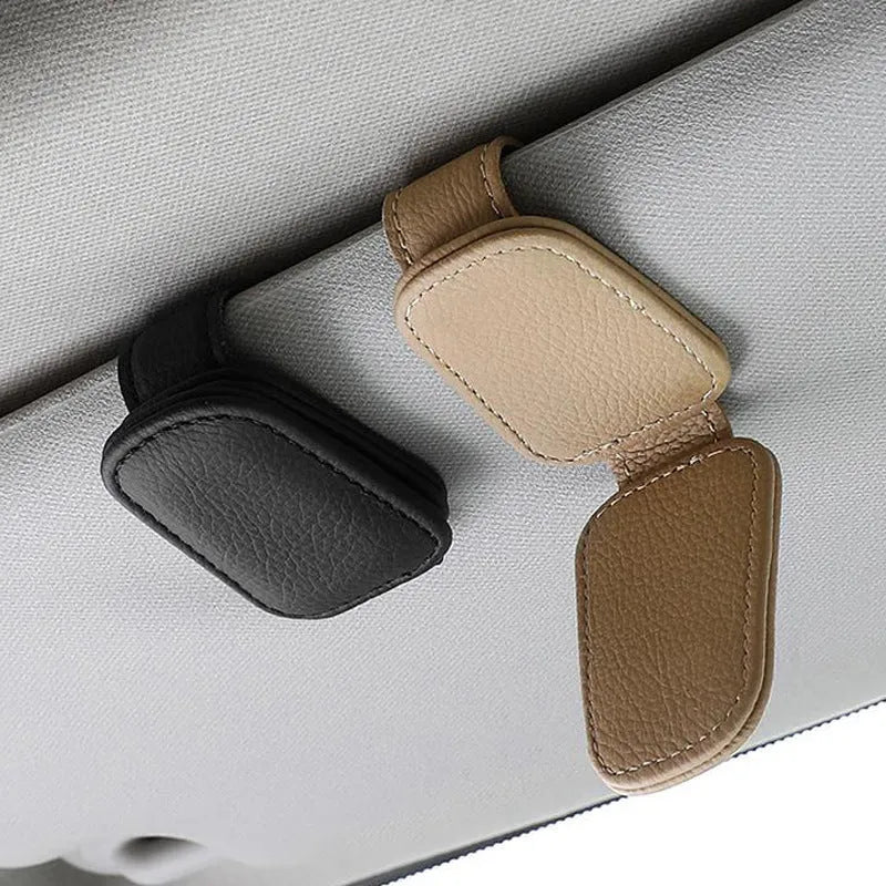 PU leather car sunglasses clip holder attached to vehicle sun louver for glasses storage