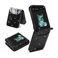 Retro patchwork pattern flip wallet phone case for Samsung ZFlip models with a visible card pocket.
