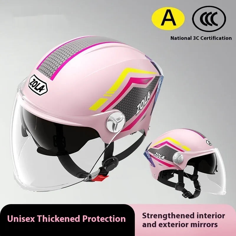 A child's 3C safety-rated half helmet for battery motorcycles, shown in a light brown double mirror colour variant.