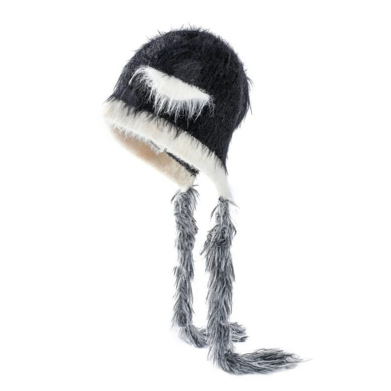 Cat ears mink wool knitted hat in white with tassel detail, 29x23cm dimensions