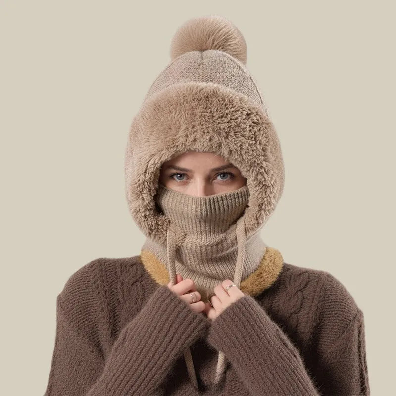 Women's fleece-lined knit hat with integrated scarf in black, high-top style for winter warmth and windproof protection