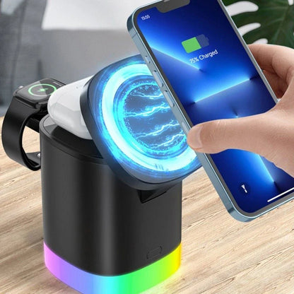 3-in-1 wireless fast charger with magnetic docking and smart breathing light indicator for smartphones, AirPods, and Apple Watch