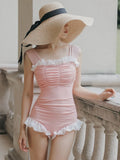 Korean style high waist one-piece swimsuit in quick-drying polyester fabric, available in black, green, or pink