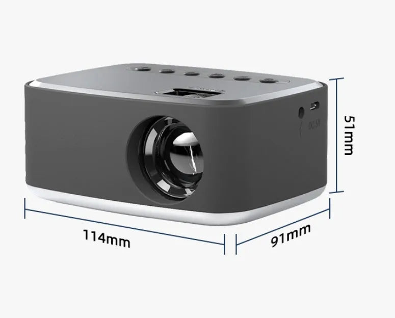 Mini LED projector in black with manual focus lens and multiple input ports on front panel