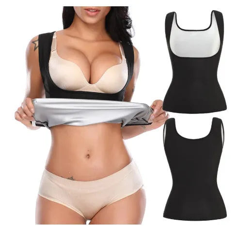 Silver-painted seamless U-neck sweat vest for men and women in milk silk and spandex, showing waist support and body sculpting fit.