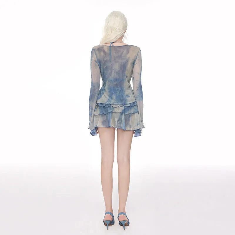 Women's steel support push-up long-sleeved blouse swimsuit in blooming blue with split briefs