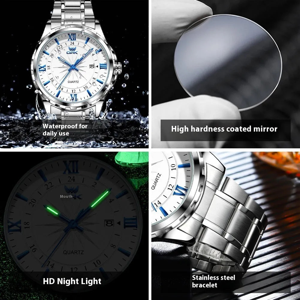Waterproof luminous men's quartz watch with steel band, white dial, and blue markers