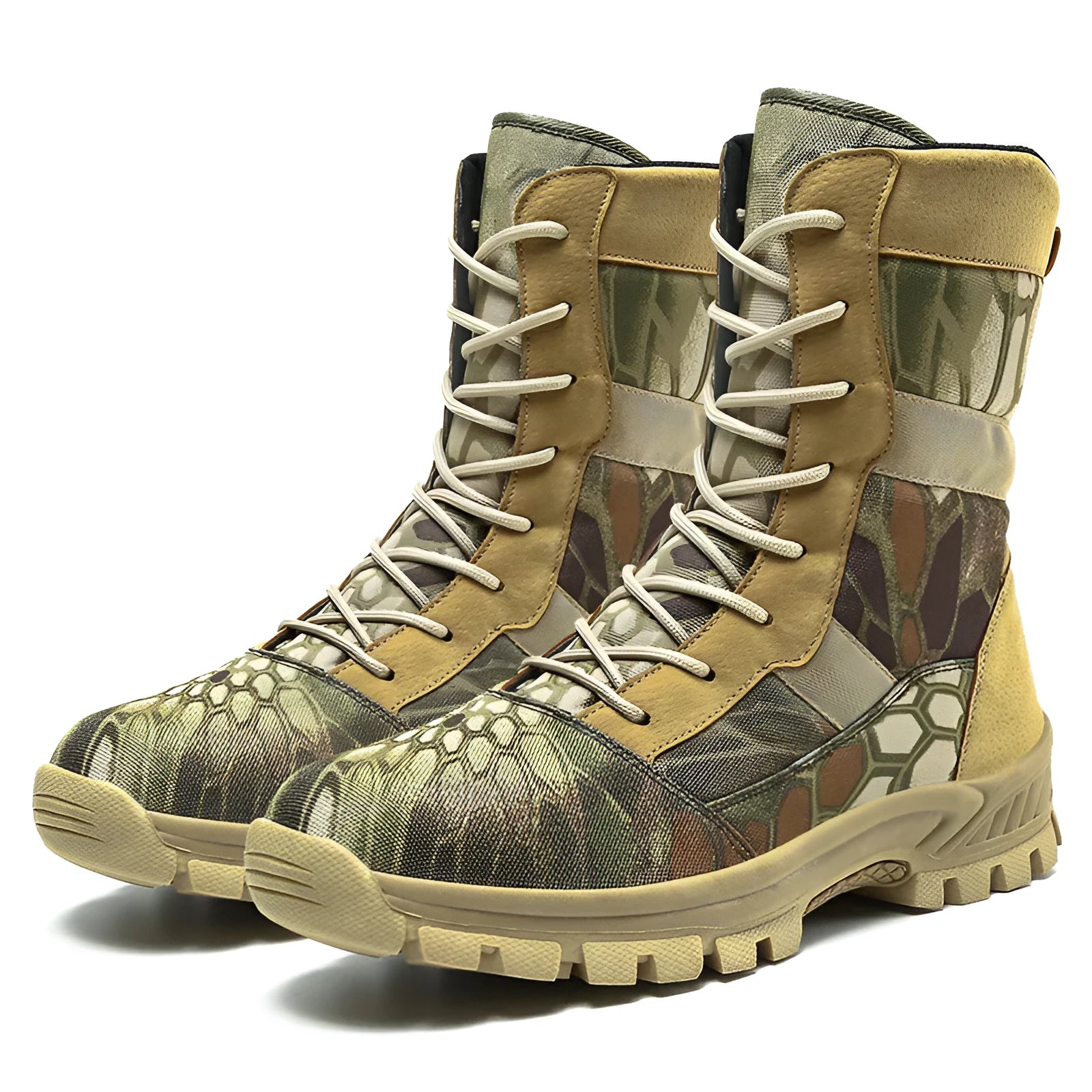 Plus size men's black and camouflage high-top Martin boots with mesh uppers and sports styling