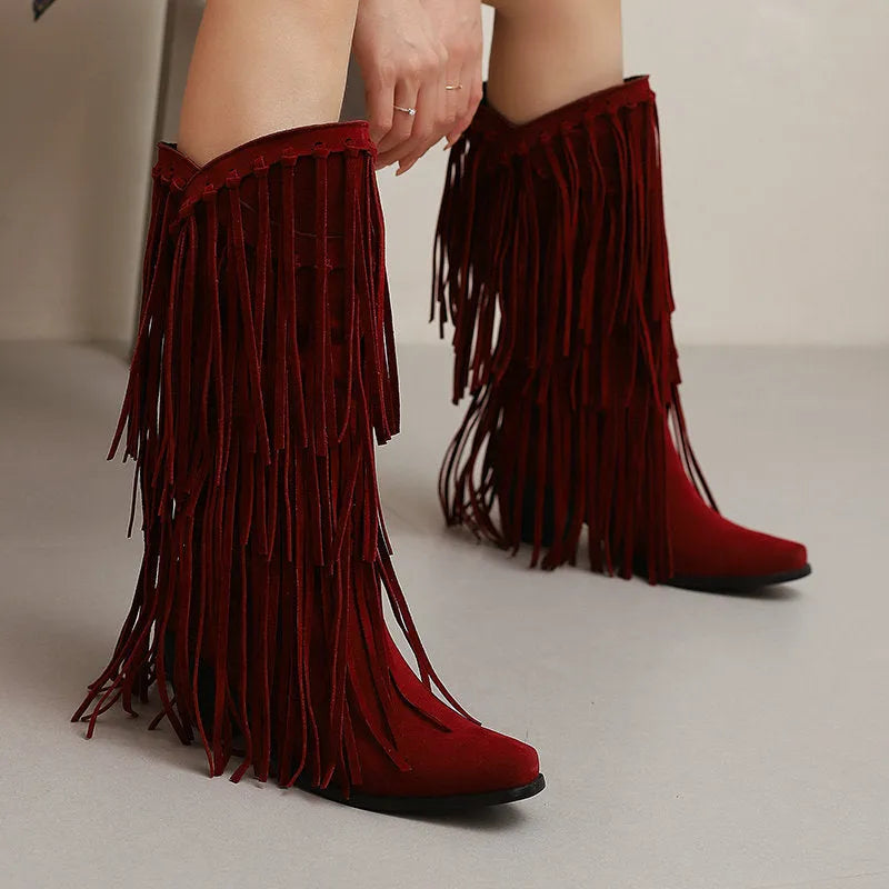 Women's suede knee-high boots with tassels, chunky heel, and square toe in multiple colours.