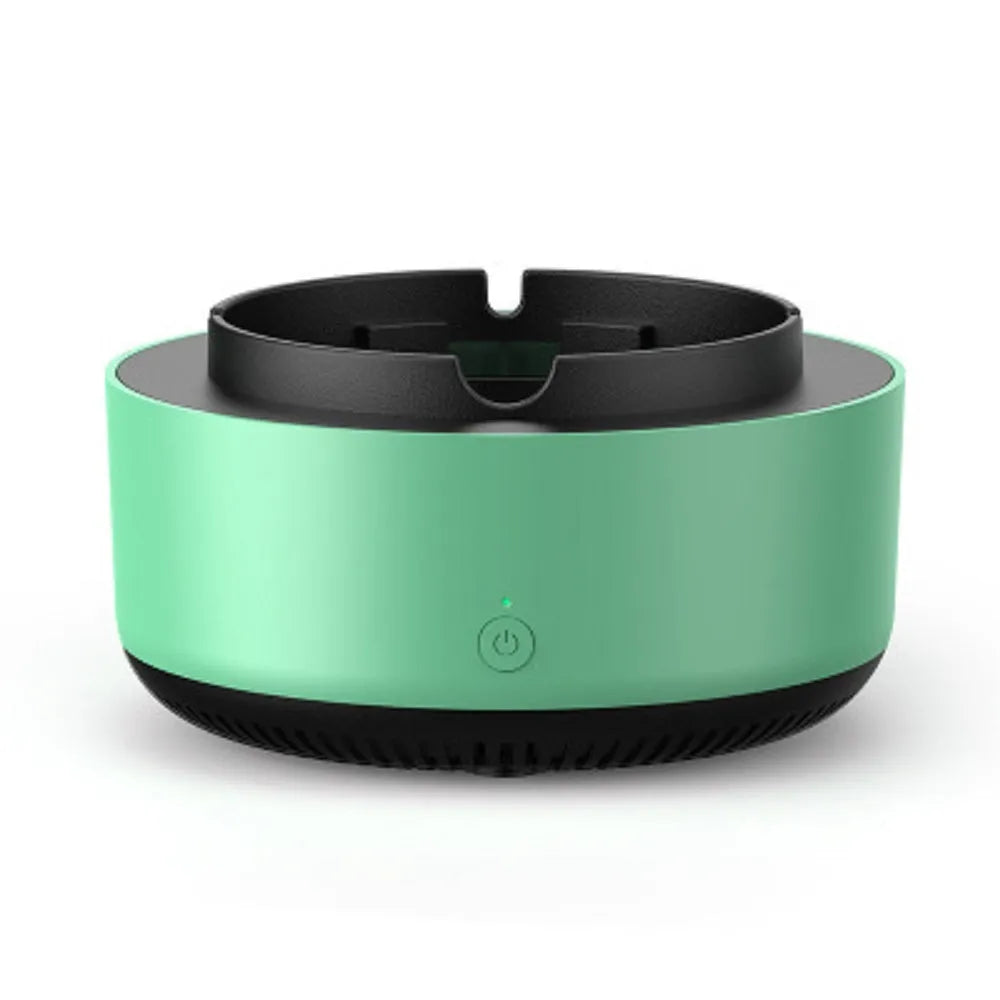Grey electronic ashtray air purifier with cigarette grooves and a compact design.
