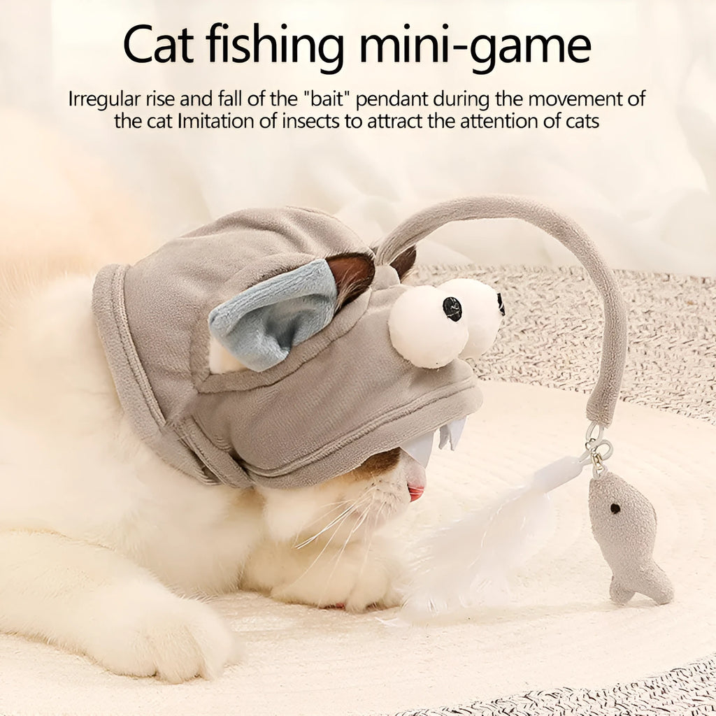 Grey feather head teaser cat stick toy with big eyes, adjustable neckband, shown on a cat.