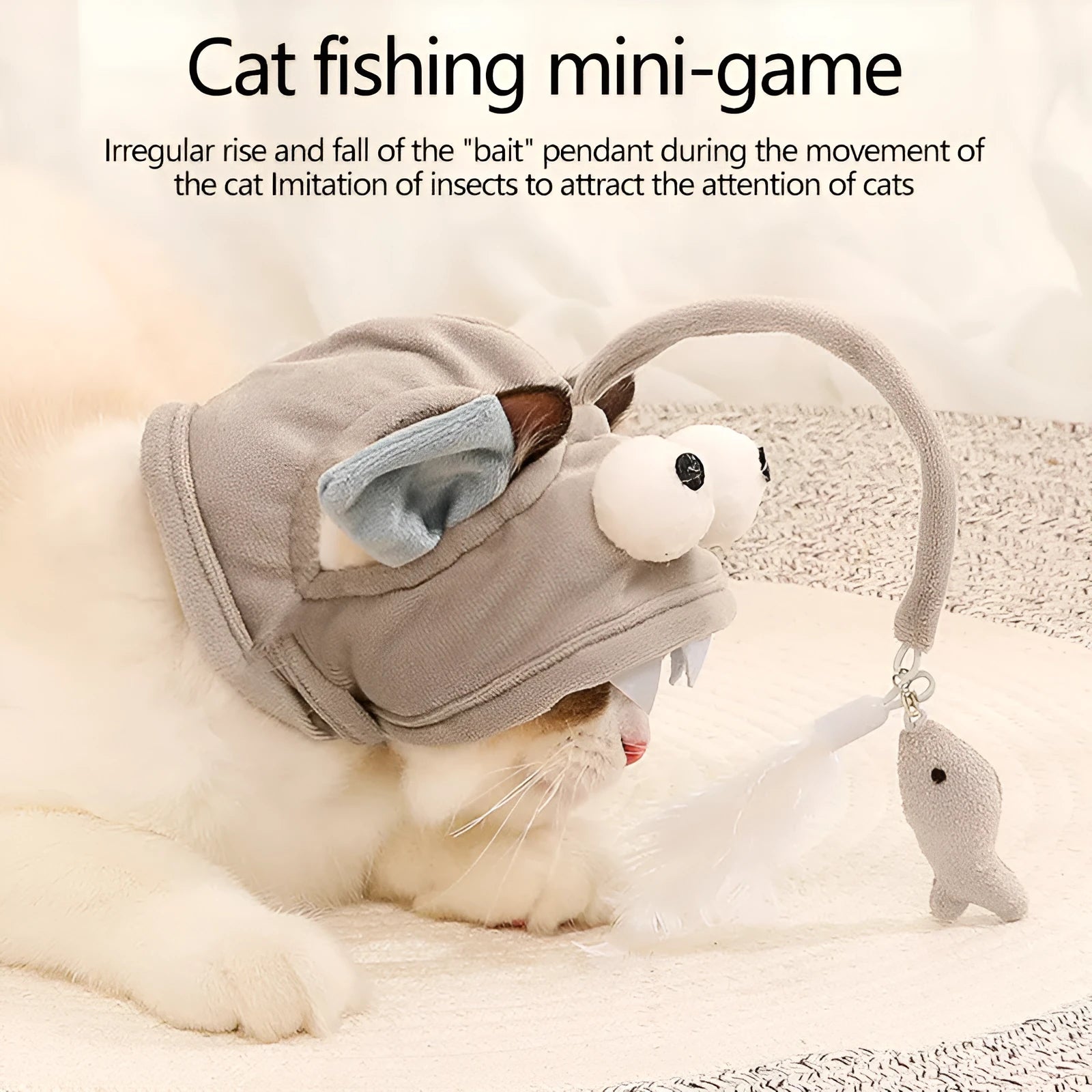 Grey feather head teaser cat stick toy with big eyes, adjustable neckband, shown on a cat.